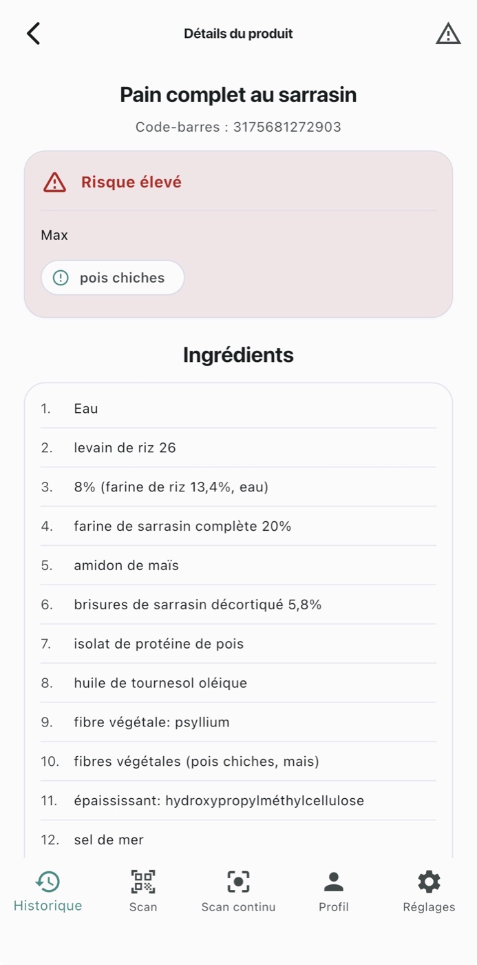 Écran Allergia affichant le détail d’un produit et une alerte allergène.