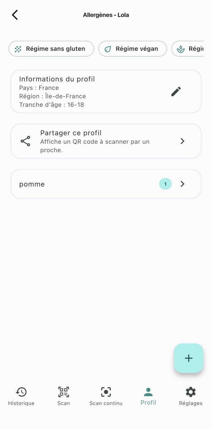 Écran Allergia de gestion du profil allergènes.